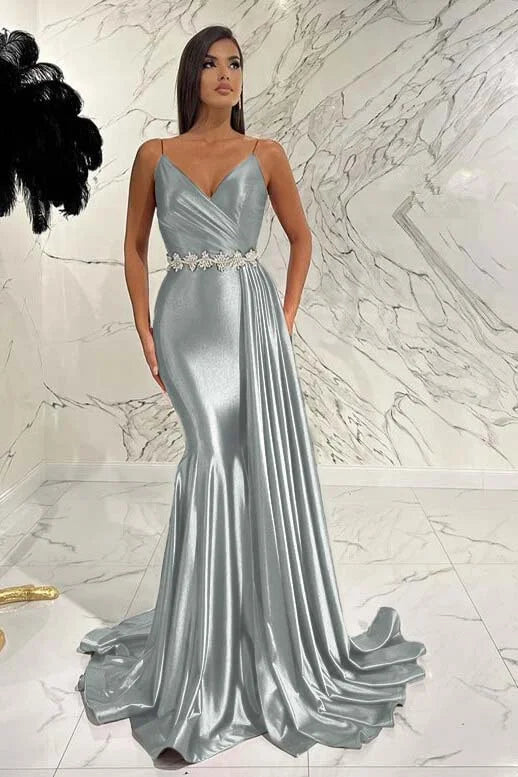 Elegant Red Spaghetti-Straps Deep V-Neck Mermaid Evening Dress With Belt Ruffles ED0472