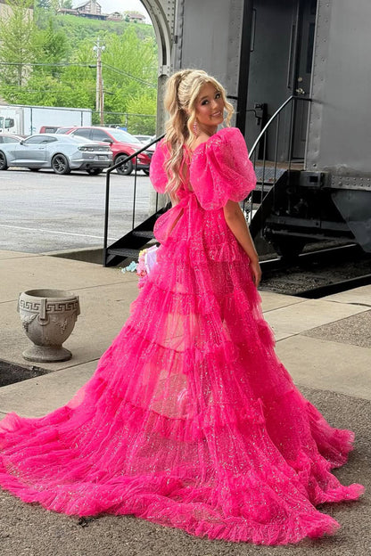 Sweetheart Puff-Sleeves Fully Sequined Tulle Pleated Tiered Two Piece A-Line Prom Dress