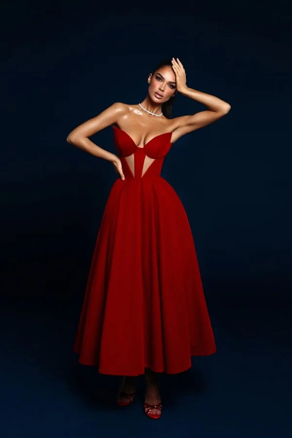 Red Ankle Length Strapless Formal Prom Dress ZT0663