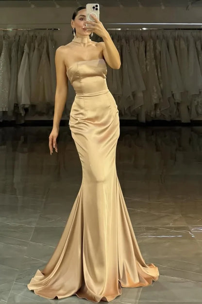 Champagne Strapless Mermaid Long Formal Prom Dress ZT0668