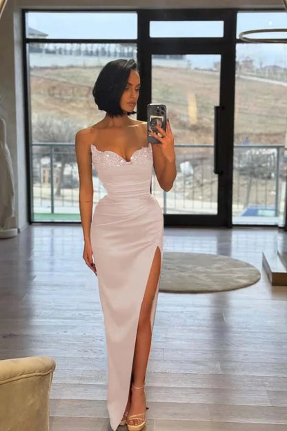 Red Split Sequins Strapless Prom Dress With Puff Sleeves