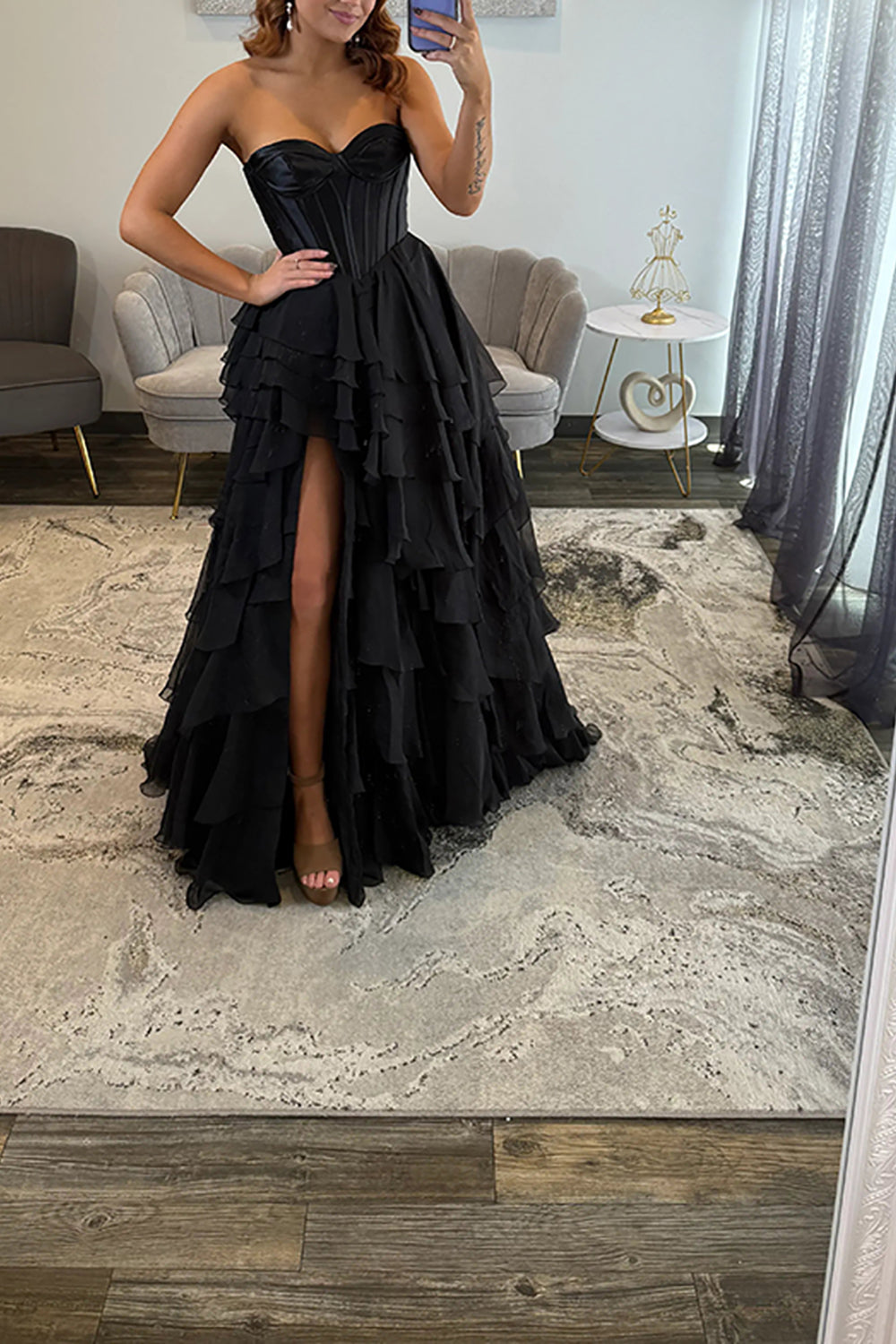Classic Ball Gown Strapless Black Chiffon Ruffle Tiered Prom Dresses with Slit