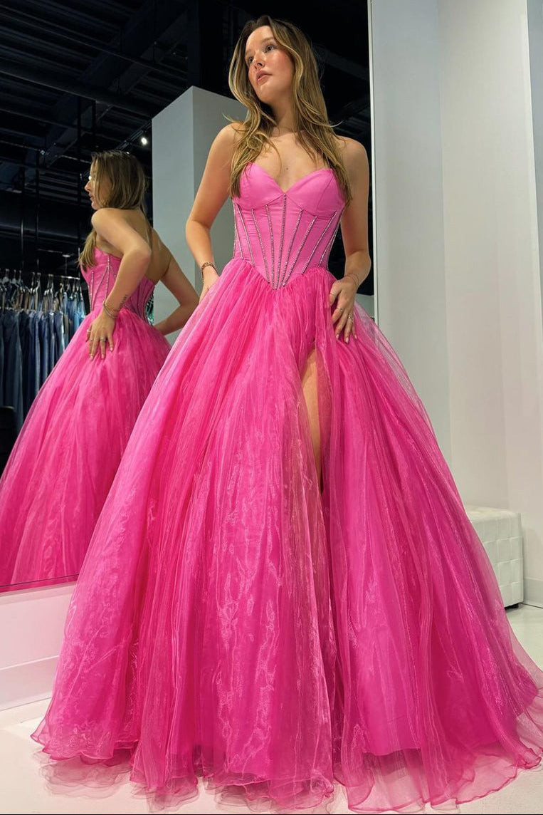 A-Line Sweetheart Pink Organza Long Prom Dress with Beading