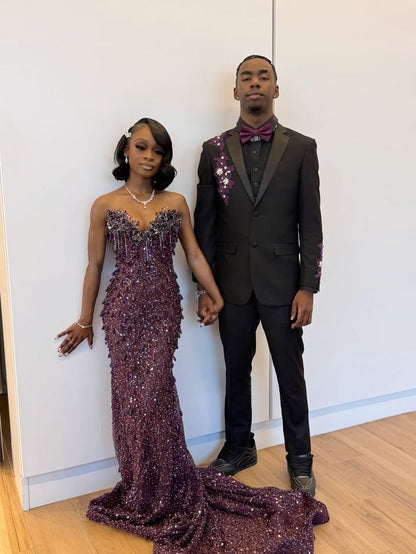 Mermaid Sweetheart Grape Sequins Prom Dresses With Beads