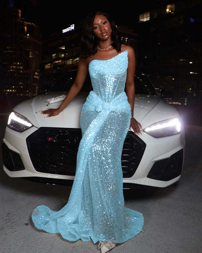 Asymmetric Strapless Sleeveless Long Pleated Mermaid Prom Dress