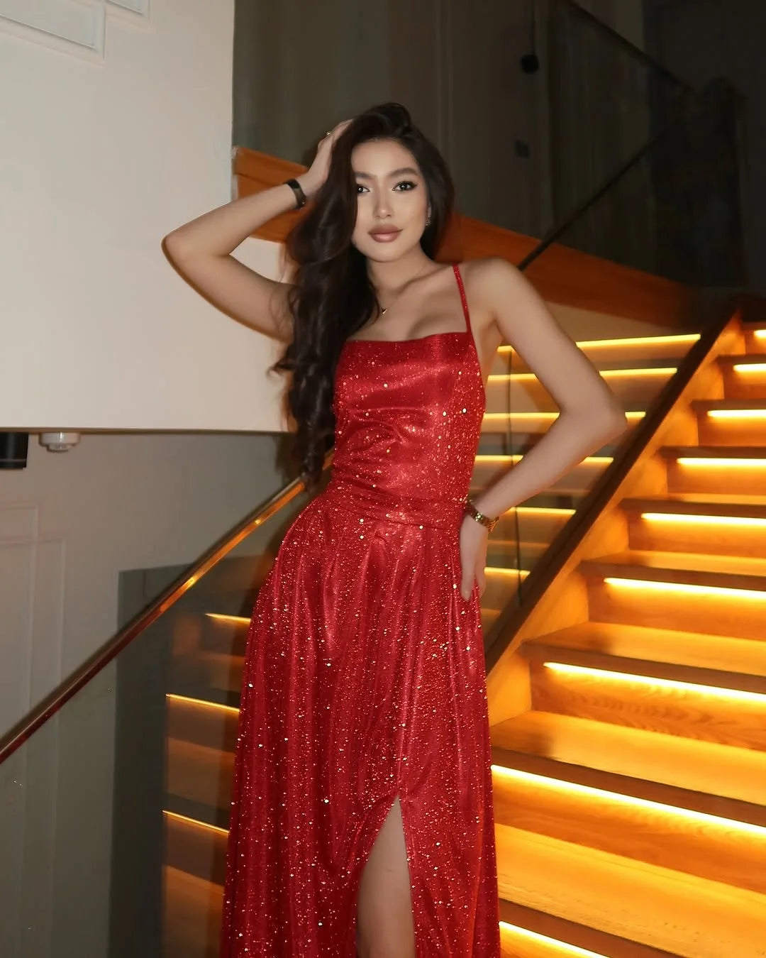 Glamorous Red Shining Split Spaghetti-Straps Prom Dress ZT0687