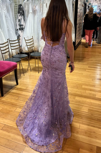 Glitter Mermaid Spaghetti Straps Lilac Open Backs Long Prom Dress