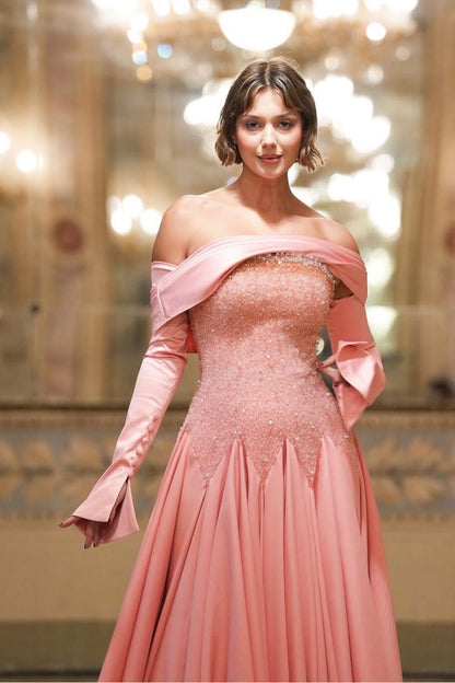 Chic Off The Shoulder Long Sleeves Long Prom Dress With Beading