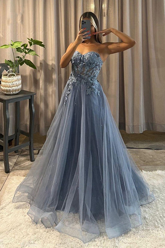 Long Prom Dress A Line Sweetheart Appliques Tulle Beads