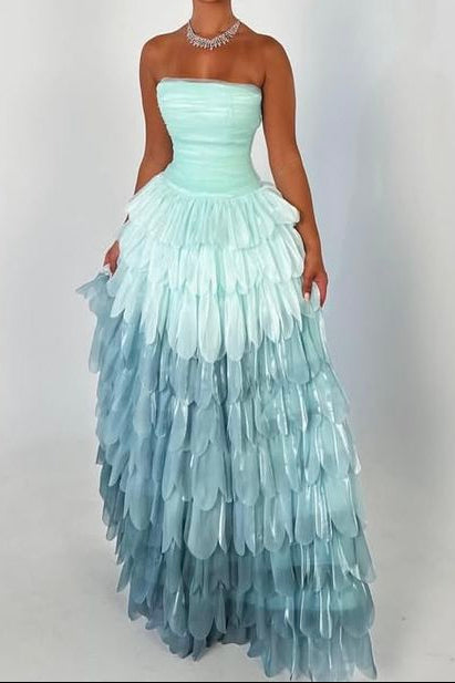 Sexy Ball Gown Strapless Blue Multi Layers Long Prom Dress