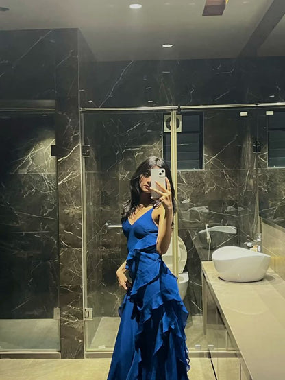 Modest A Line Spaghetti Straps Blue Ruffled Prom Dress