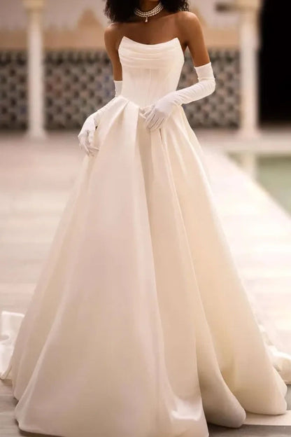 Strapless Sleeveless Pleats Long Wedding Dress