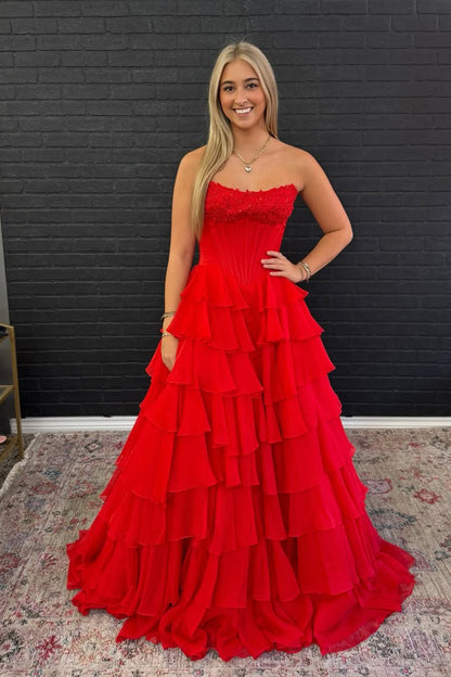 A Line Sweetheart Red Chiffon Tiered Prom Dress