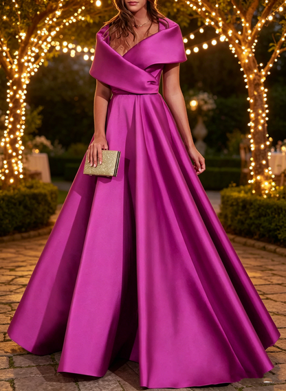 Elegant Fuchsia Off-the-Shoulder Satin A-Line Gown