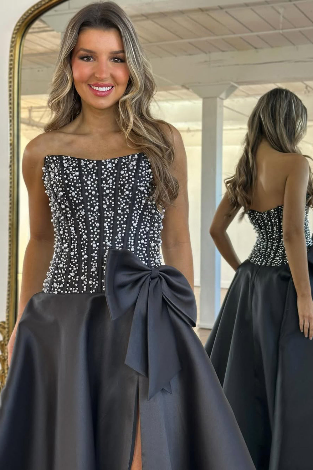 Gorgeous A Line Strapless Black Satin Prom Dress