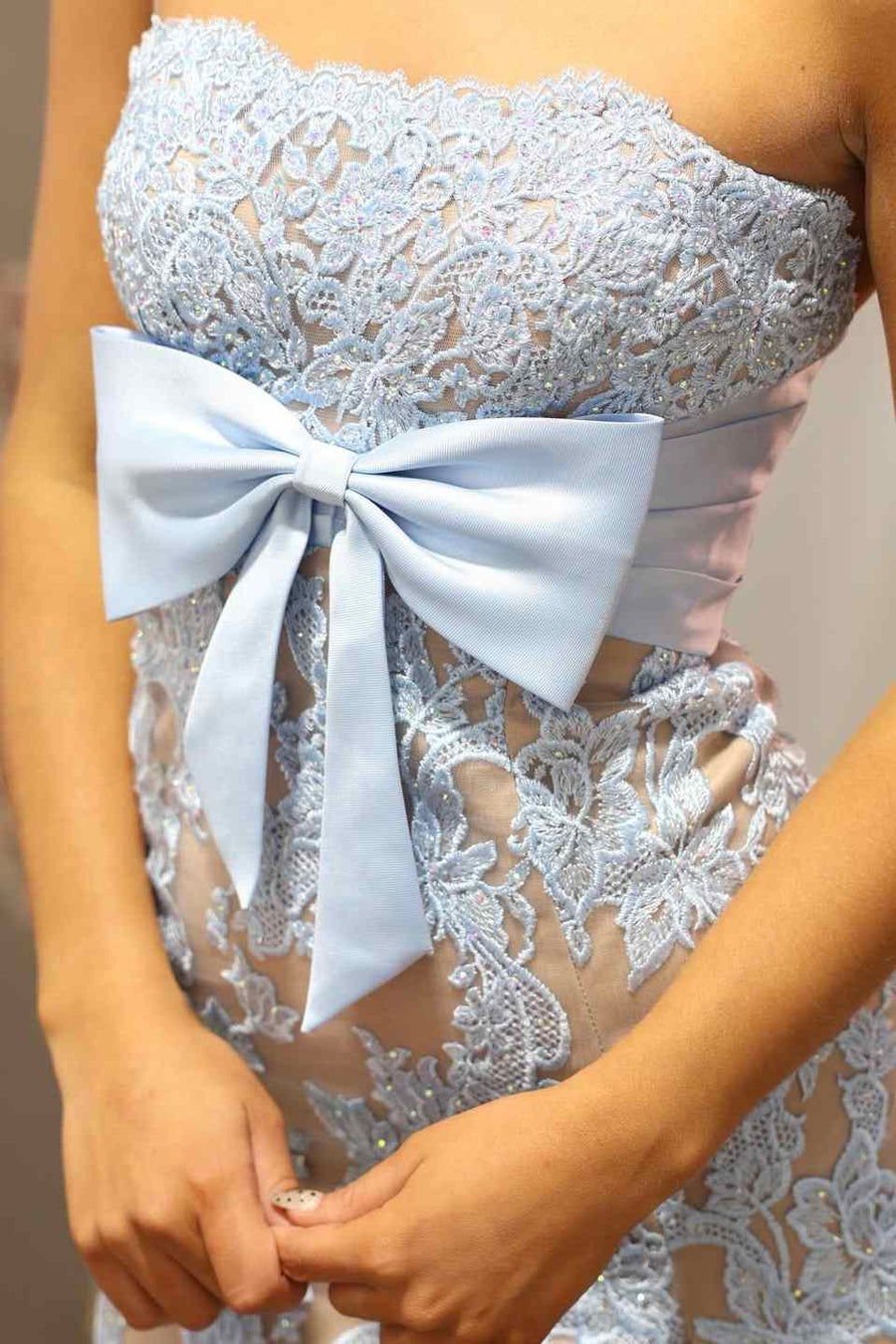 Mermaid Strapless Light Blue Lace Appliques Bow Prom Dress