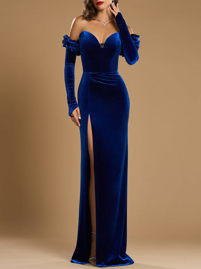Column Strapless Sleeveless Evening Dresses with Ruffles