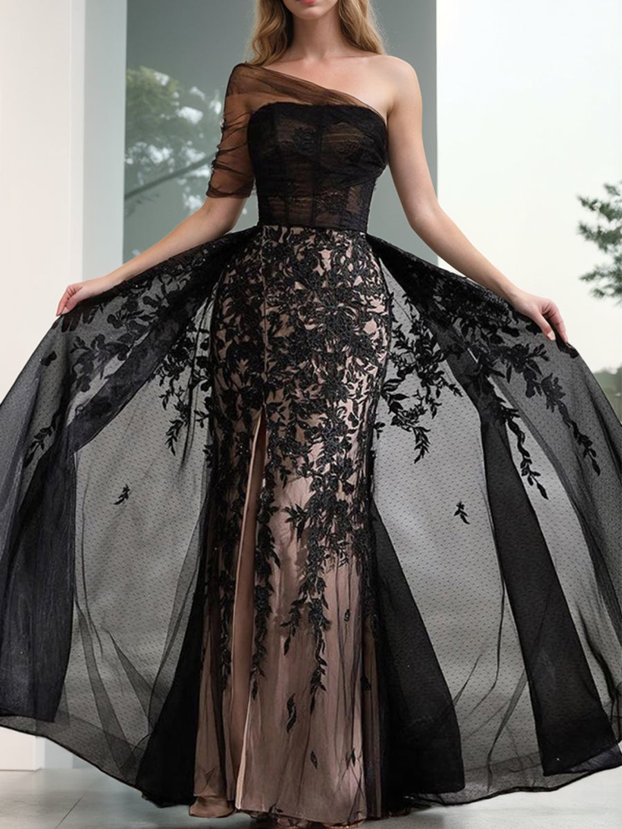 Black A-Line One-Shoulder Tulle Elegant Prom Dress