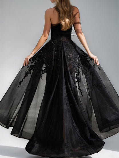 Black A-Line One-Shoulder Tulle Elegant Prom Dress