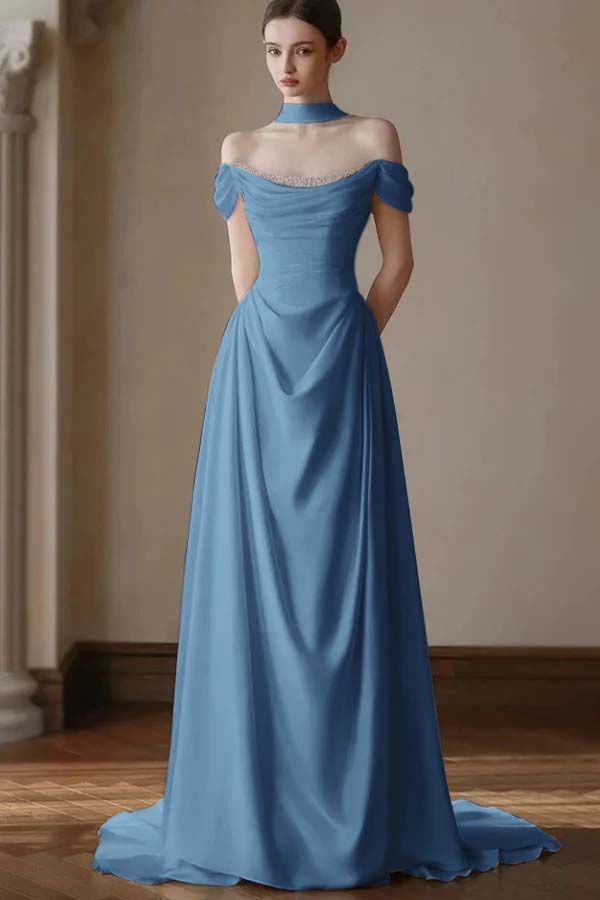 Elegant Off-the-Shoulder Prom Dress Pleated A-Line with Beaded