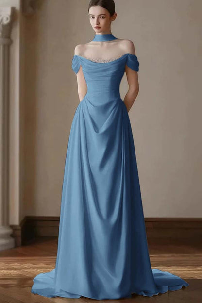 Elegant Off-the-Shoulder Prom Dress Pleated A-Line with Beaded