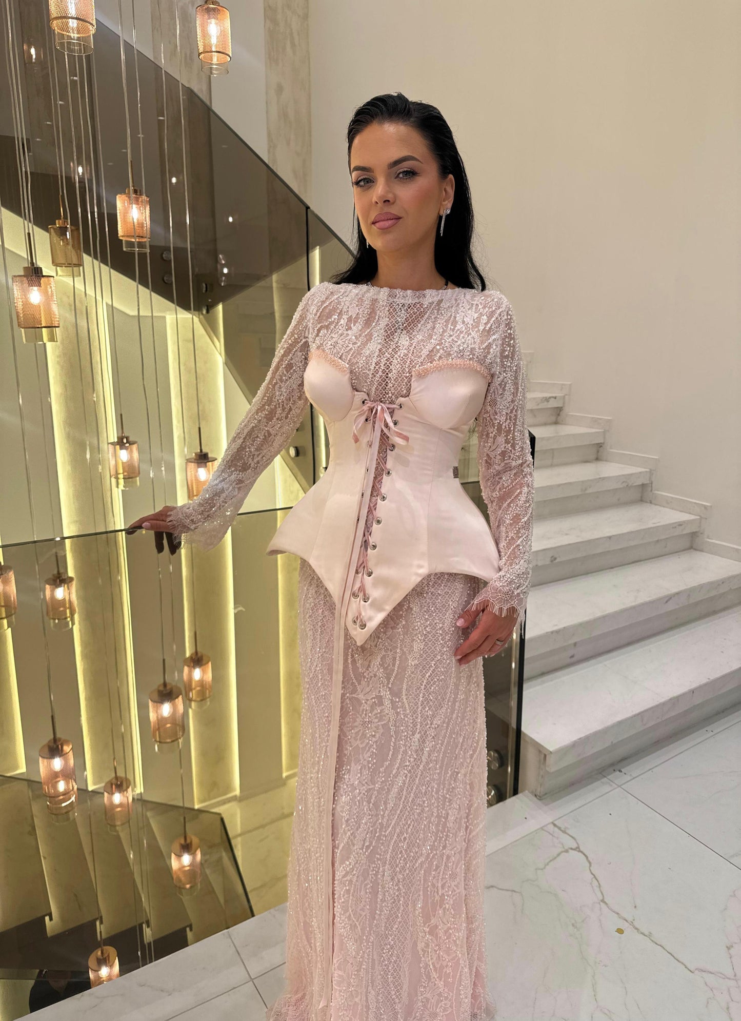 Blushing Pink Scoop Lace Embellished Evening Dress