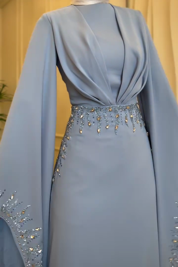 Hot Drilling Irregular Sleeve Pleated Party Maxi Dresses-Blue