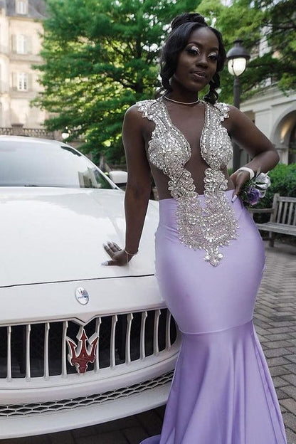 Sexy Purple Mermaid Sleeveless Prom Dress with Crystal