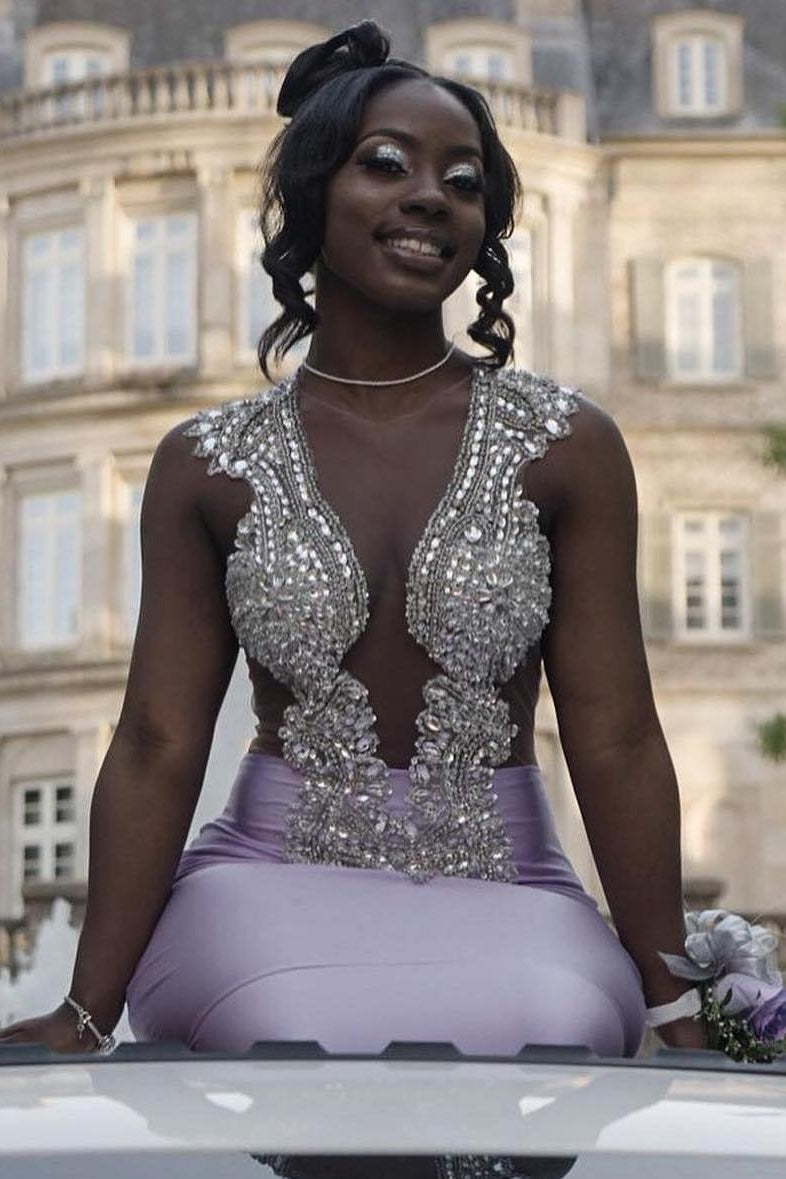 Sexy Purple Mermaid Sleeveless Prom Dress with Crystal