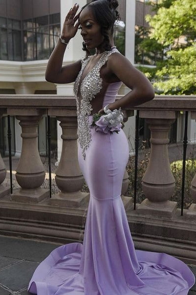 Sexy Purple Mermaid Sleeveless Prom Dress with Crystal