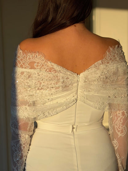 Asymmetrical Neck Long Sleeves Back Zipper Wedding Dress