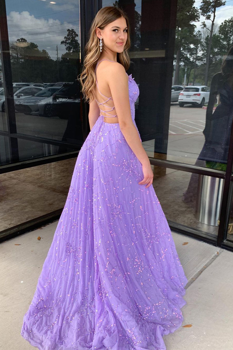 A-Line V Neck Lilac Tulle Long Prom Dress with Sequins