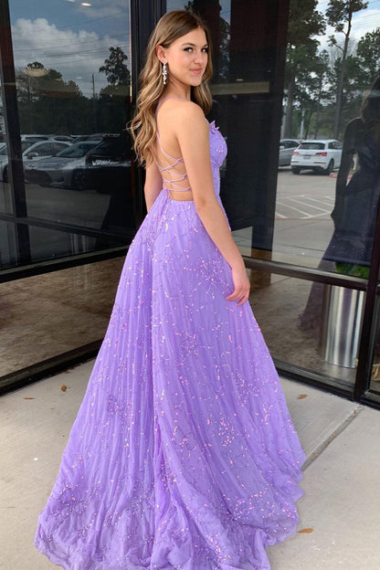 A-Line V Neck Lilac Tulle Long Prom Dress with Sequins