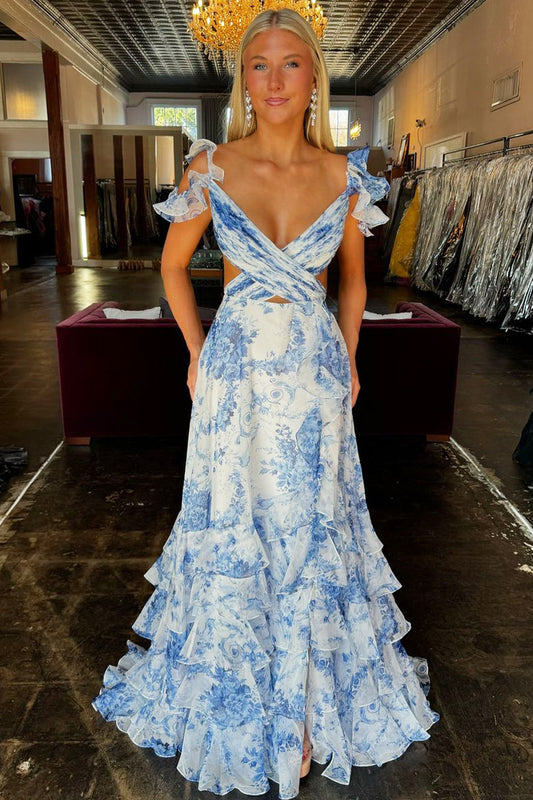 Deep V-Neck Floral Print-Chiffon Pleated Party Gowns Sleeveless Floor-Length A-Line Prom Dress