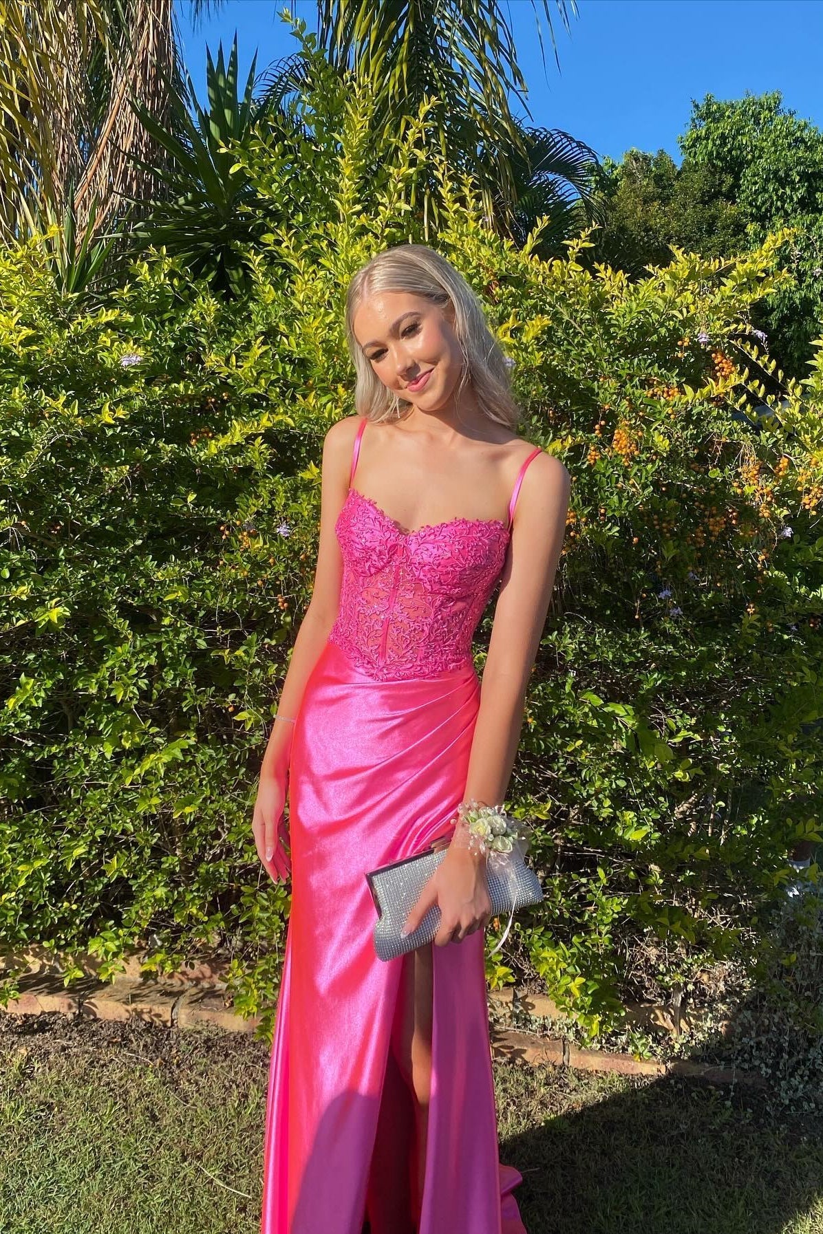 Charming Mermaid Sweetheart Pink Satin Prom Dress with Slit