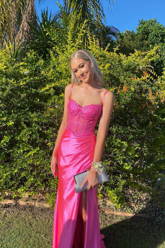Charming Mermaid Sweetheart Pink Satin Prom Dress with Slit