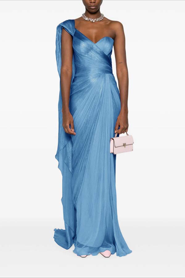 Asymmetric Neck One Shoulder Sleeveless Long Pleated Mermaid Prom Dress With Ruffles