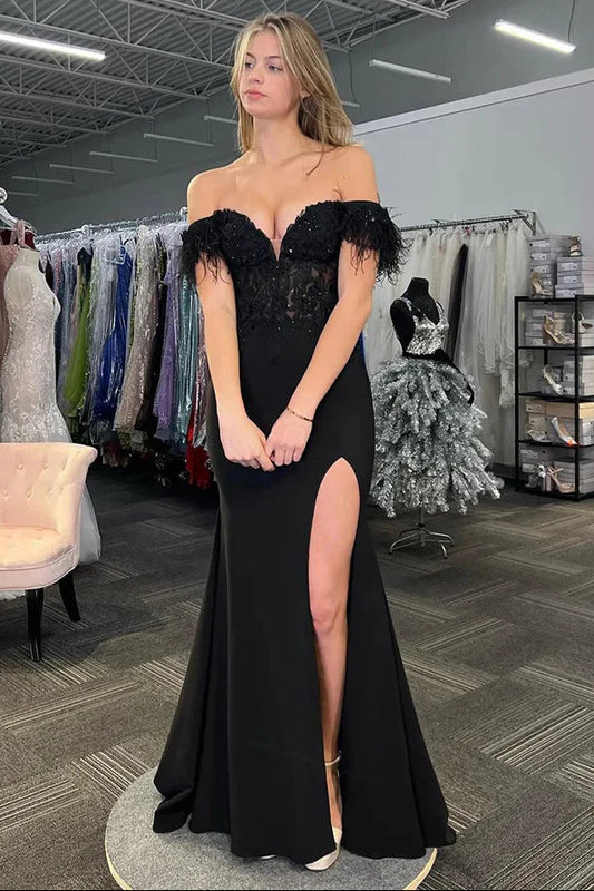Cute Mermaid Off the Shoulder Black Lace Long Prom Dress
