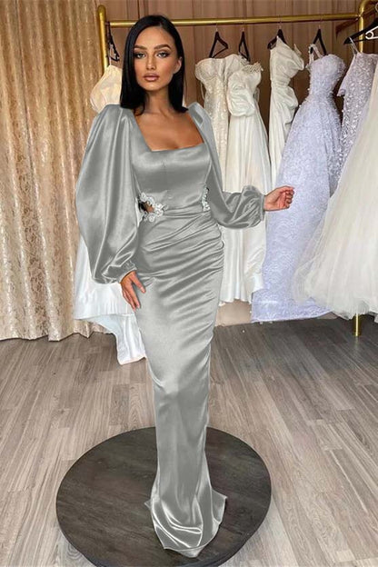 Glamorous Long Puff Sleeves Square Pleated Mermaid Prom Dress With Appliques