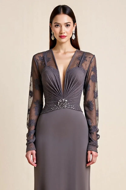 Long Sleeve Steel Grey Beaded Mother Of The Bride Dress