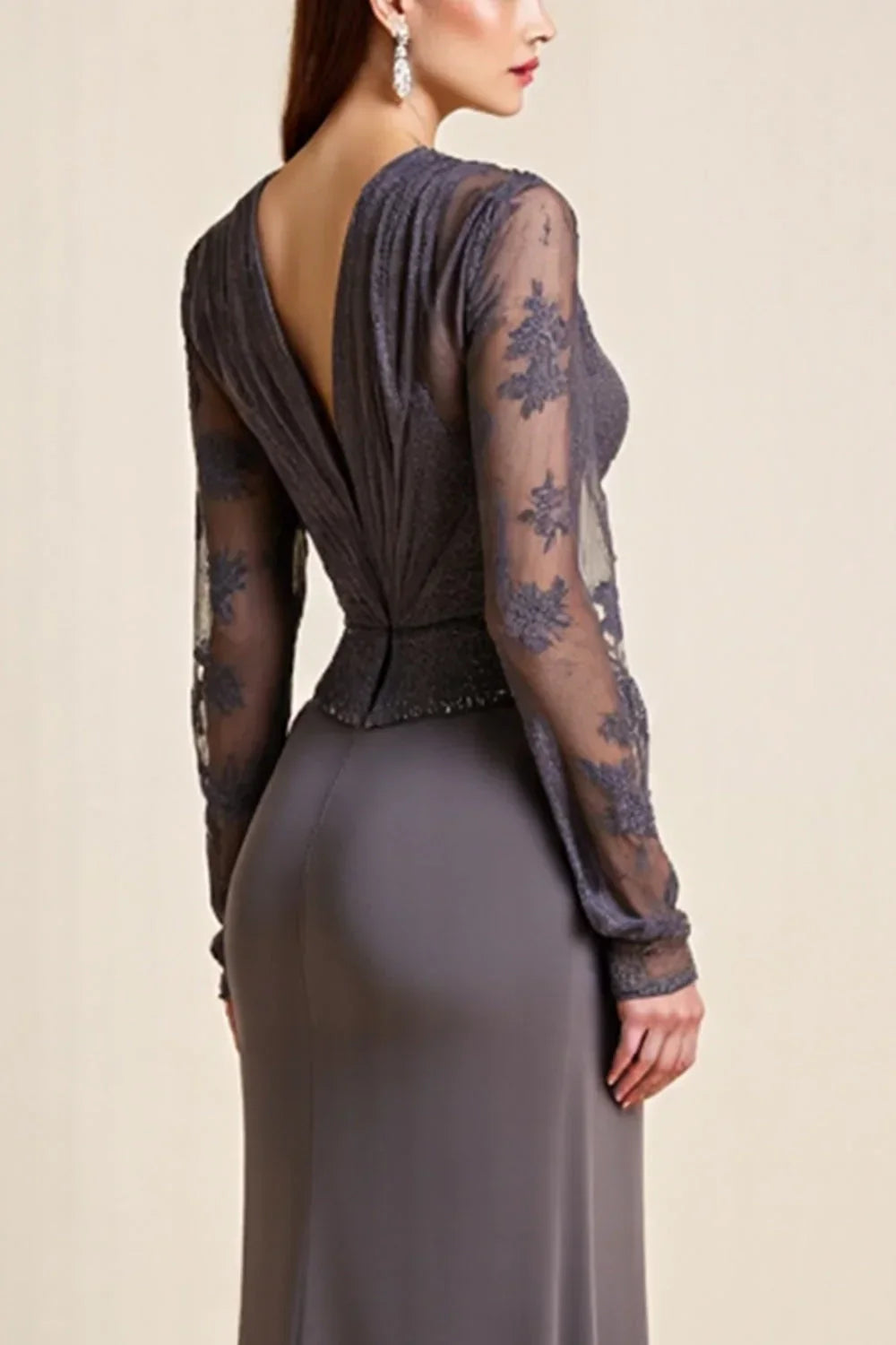 Long Sleeve Steel Grey Beaded Mother Of The Bride Dress