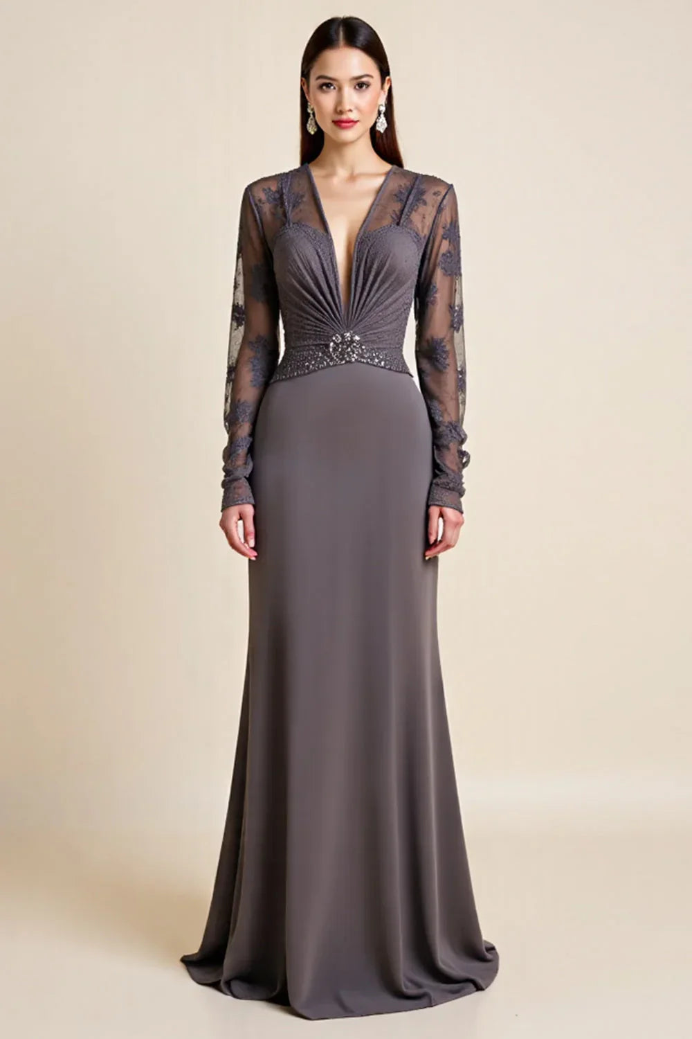 Long Sleeve Steel Grey Beaded Mother Of The Bride Dress