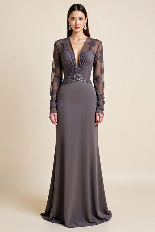 Long Sleeve Steel Grey Beaded Mother Of The Bride Dress
