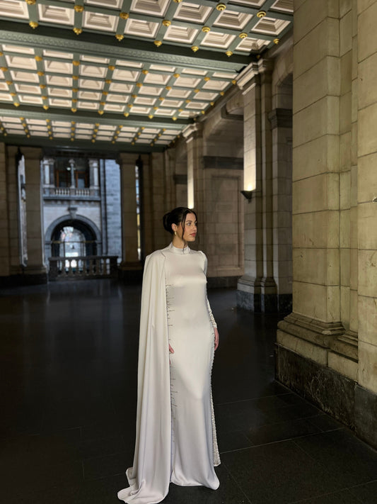 Ivory Long Sleeves Beaded High Neck Sheath Evening Formal Dress