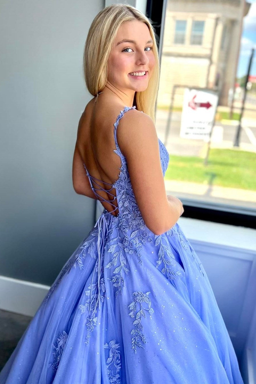Periwinkle Tulle Appliques Lace-Up A-Line Long Prom Dress