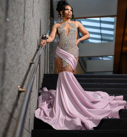 Glamorous Pink Sleeveless Crystal Mermaid Ruffles Prom Dress