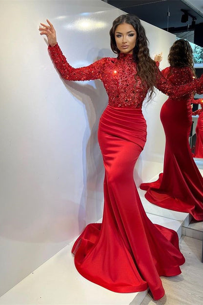Classic Red Long Mermaid Prom Dress Pleated With Long Sleeves