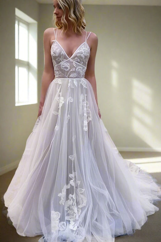 Spaghetti-Straps Sleeveless A-Line Tulle Wedding Dress