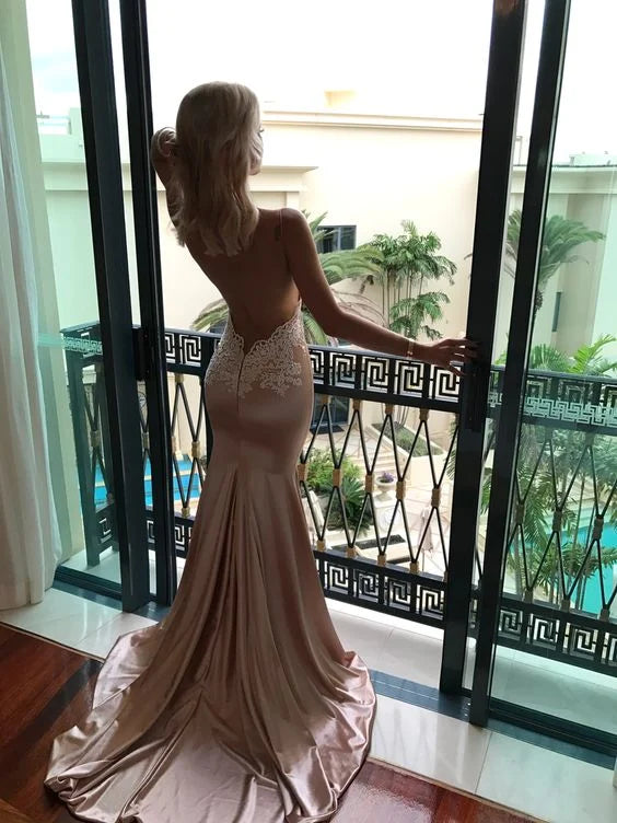 Elegant Blush Spaghetti-Strap Lace Satin Mermaid Formal Gown