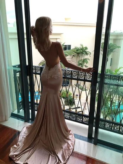 Elegant Blush Spaghetti-Strap Lace Satin Mermaid Formal Gown